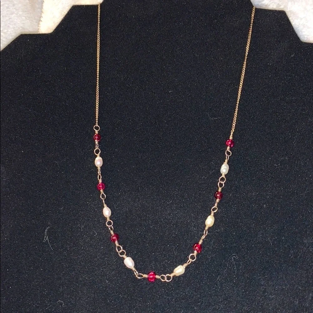 Garnet and Pearl Silver Necklace 12”/16”long